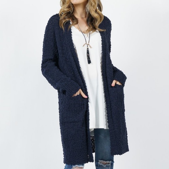 Navy Blue Open Londbody Cardigan with Pockets - Picture 5 of 5
